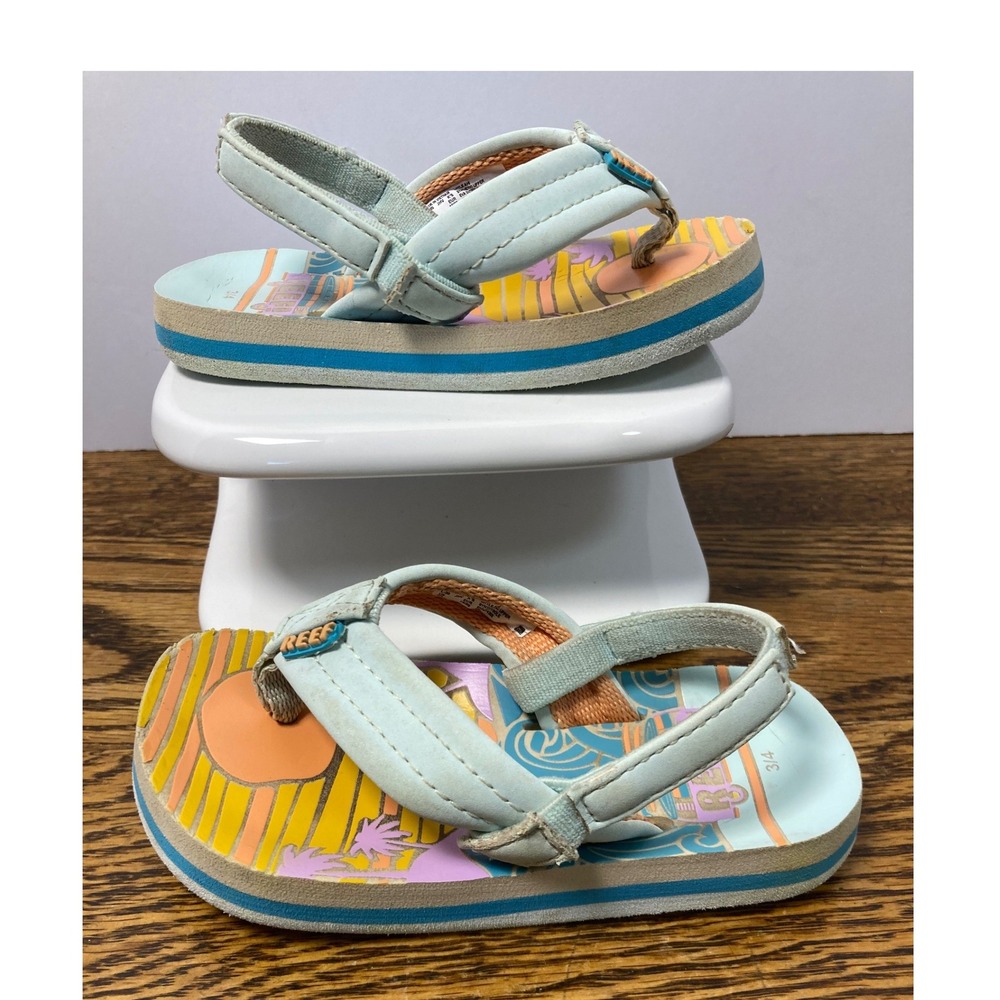 Reef Little Ahi Toddler Sandals Blue Sunset Surf Van Flip Flops Size 3/4 K's